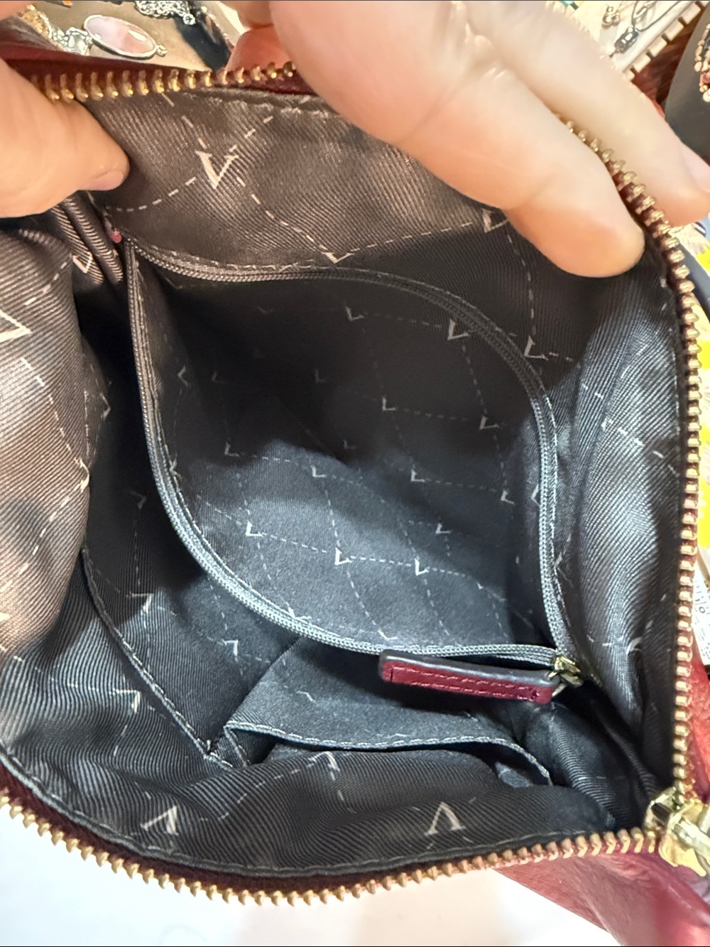 Vince Camuto Burgundy Leather Crossbody with Gold Logo 7” x 10” strap 22” appx - Picture 9 of 13